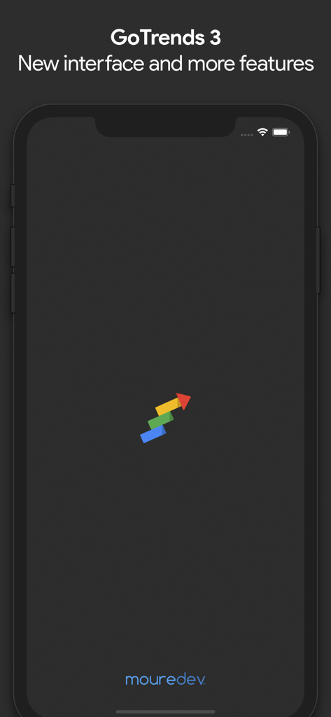 GoTrends for Google Trends - GoTrends 3 app splash screen on an iPhone with dark mode and trend arrow logo