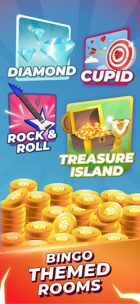 Una exhibición de varias salas temáticas de bingo y monedas de oro en la aplicación PlayJoy