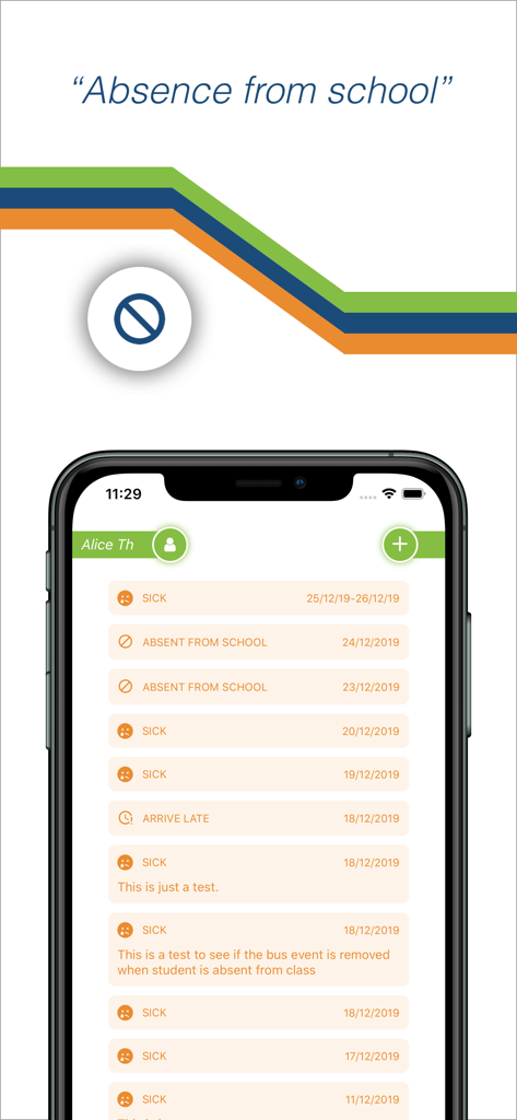 RollCall Parent - Interfaz de la aplicación RollCall Padres que muestra el historial de ausencias escolares y notificaciones de baja por enfermedad de un estudiante