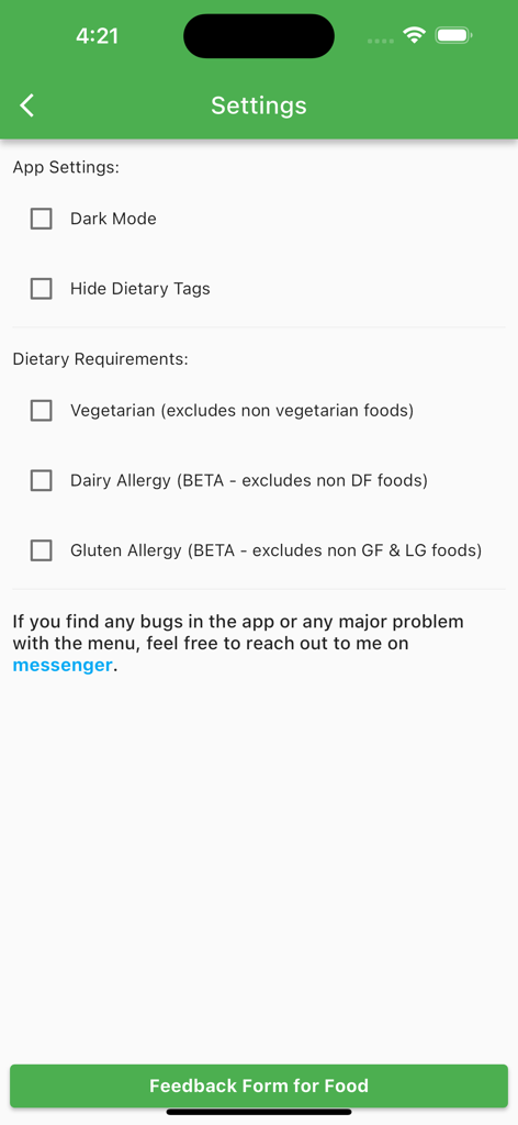 What's for Dino - The settings screen of the What is for Dino app showing options for dark mode and dietary requirement filters like vegetarian dairy allergy and gluten allergy.