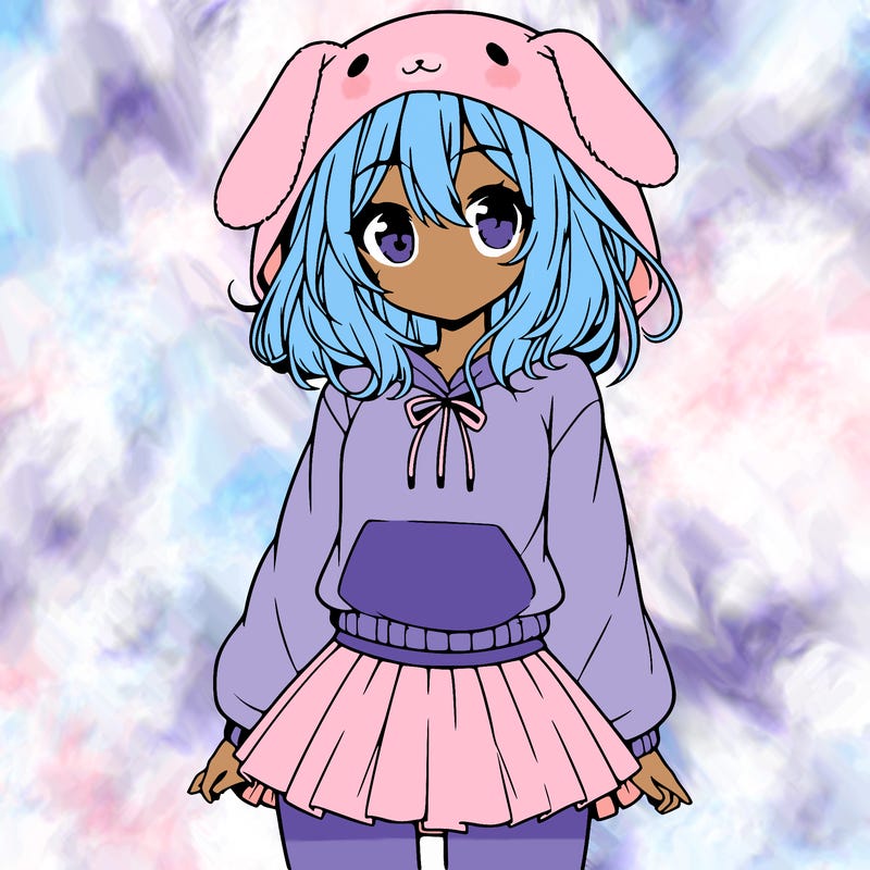 pretty anime girl wearing a fluffy hoodie with bunny ears on the hood and a skirt