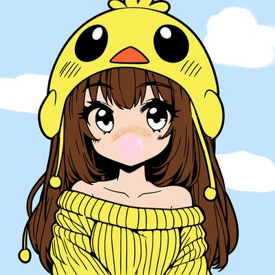 anime girl with chick shaped hat with sweater with bare shoulders with bangs covering them one eye with low tail
