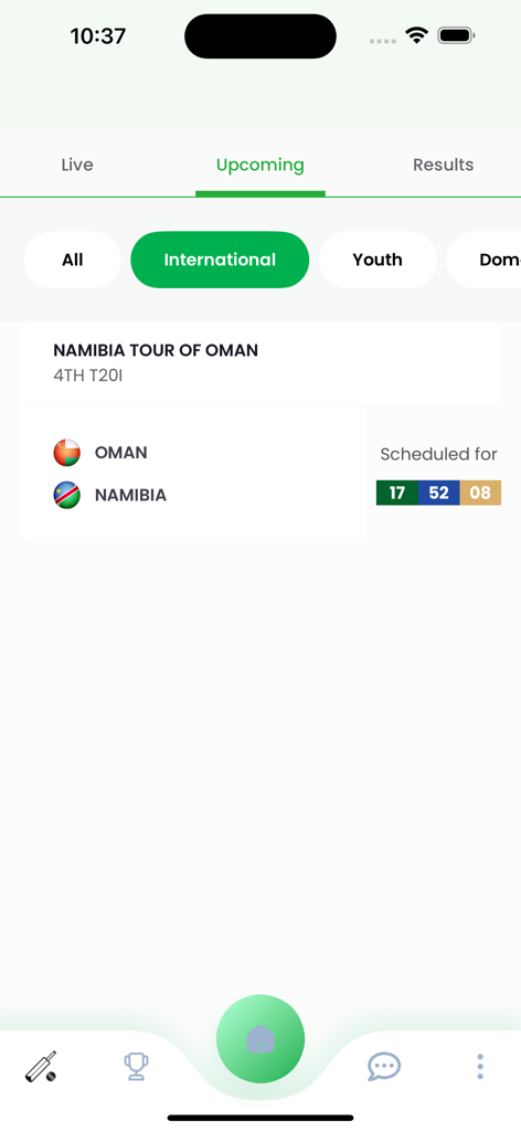 Captura de pantalla de la interfaz de la aplicación Star Sports Live que muestra los calendarios de próximos partidos de cricket internacionales.