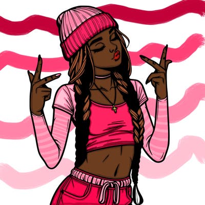 realistic teenage girl with braids and a beanie and crop top doing 🫶🏼