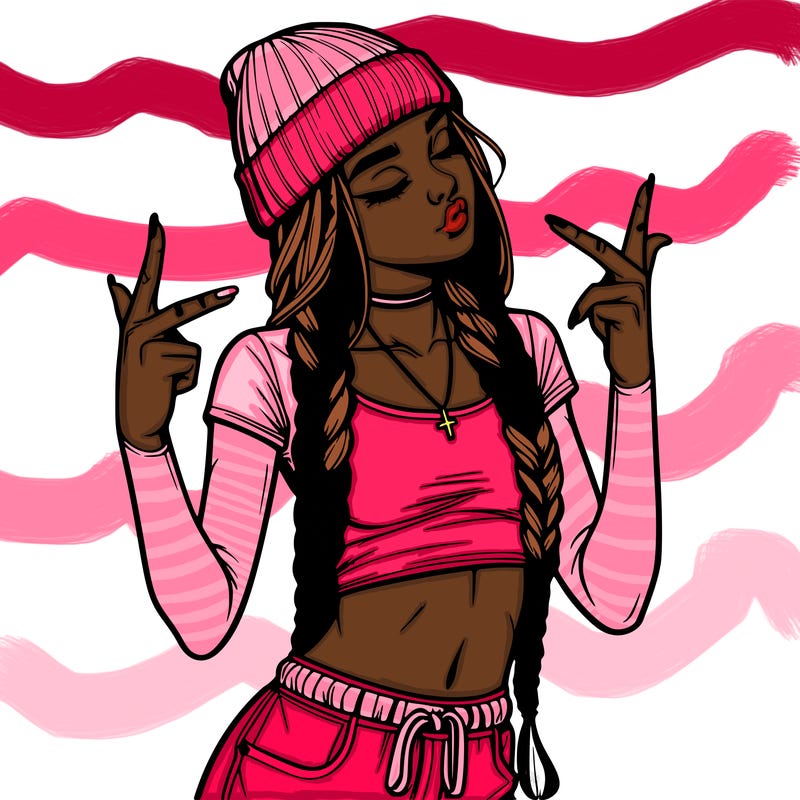 realistic teenage girl with braids and a beanie and crop top doing 🫶🏼