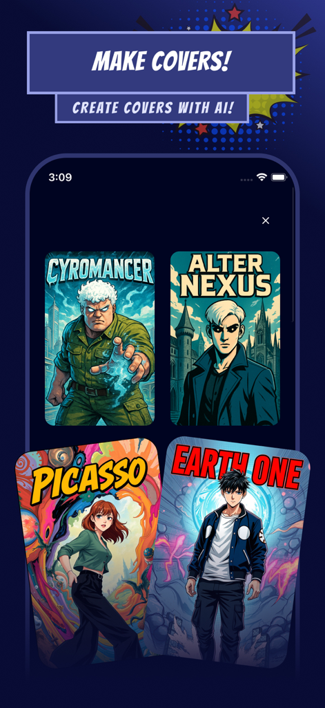 AI generated comic book covers displayed on a smartphone screen in the Arcstory app