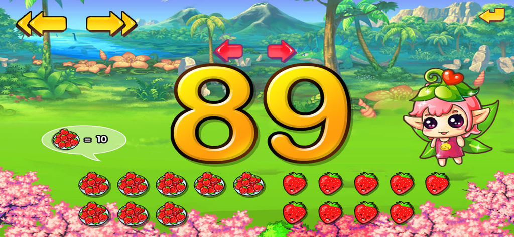 数学智慧岛 - 学数字加减法学习大全 - Kids math learning app screen showing the number 89 with strawberry counting visuals
