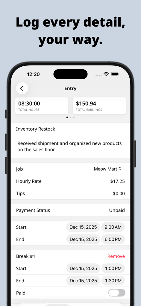 Clock Inアプリの詳細な作業入力画面。時間、収入、ジョブの詳細を表示。