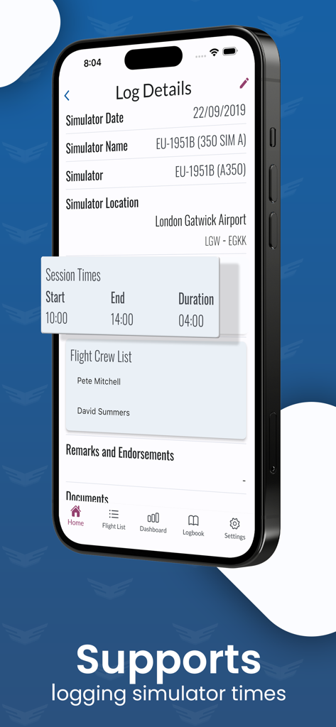 MyLog | Digital Pilot Logbook - iPhone上のMyLogアプリインターフェース。詳細なシミュレーターフライト記録とセッション時間を表示。