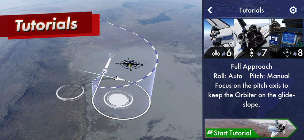 F-Sim|Space Shuttle 2 - Interactive tutorial screen in F-Sim Space Shuttle 2 showing a 3D flight path for the orbiter approach and landing instructions.