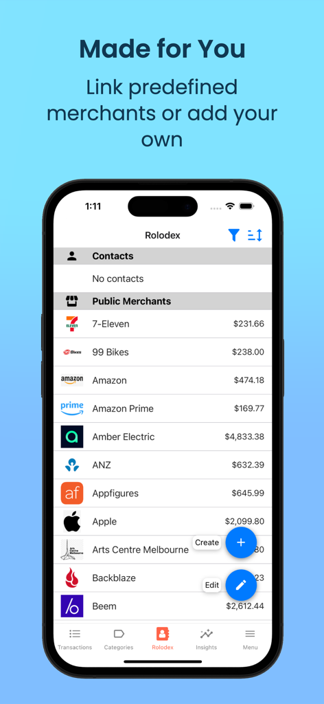 MoneyFlow App Rolodex Bildschirm mit einer Liste öffentlicher Händler mit Transaktionssummen.