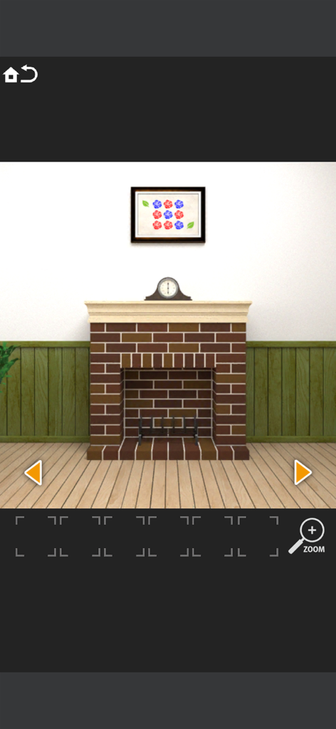 Room Escape Secret Code 3のゲームプレイ画面。レンガ造りの暖炉の上に時計と花の絵が飾られている