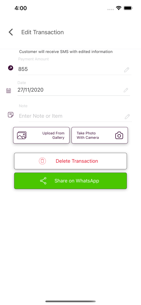 Udhaar Book – Digi Khata Book - Edit transaction screen in Udhaar Book app with WhatsApp sharing option