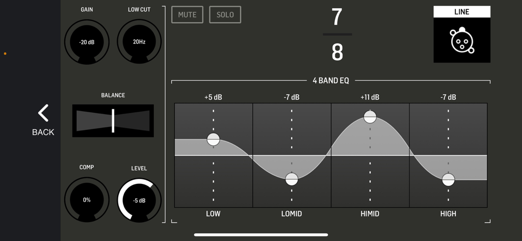 Digital mixer app interface showing channel equalizer and audio level settings
