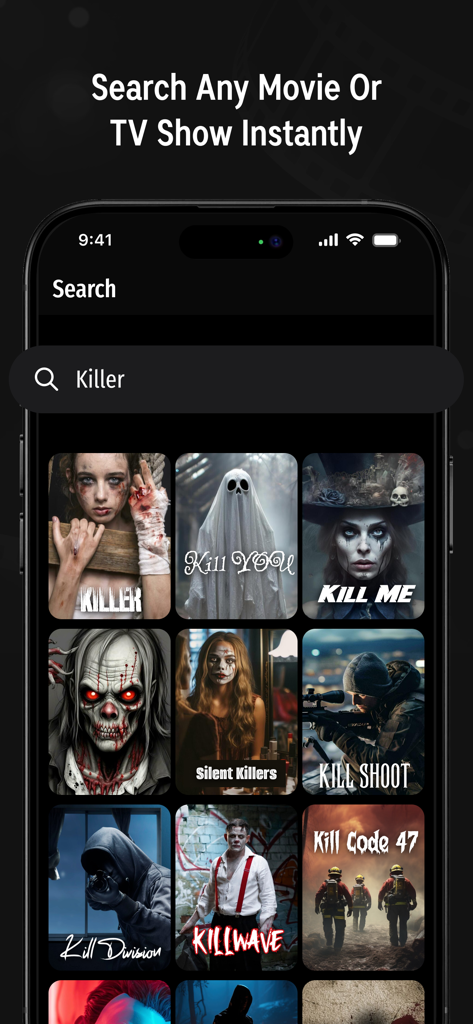 Movies Hub : Movies & TV Shows - Movies Hub app search screen showing a grid of thriller movie results for the search term Killer.