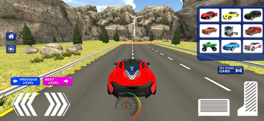 Car Crash Games: Car Accident - A red sports car on a mountain road with a car selection menu in a driving simulation game.
