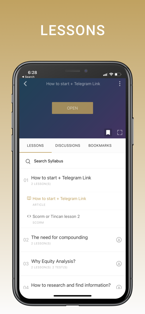 SOIC - Pantalla del programa de la aplicación SOIC que muestra varias lecciones de inversión y módulos educativos