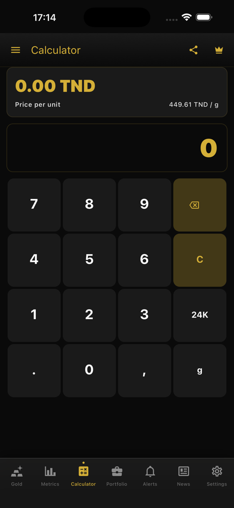 Eine mobile Benutzeroberfläche für einen Goldwertberechner mit einem Ziffernblock und Karatauswahlmöglichkeiten