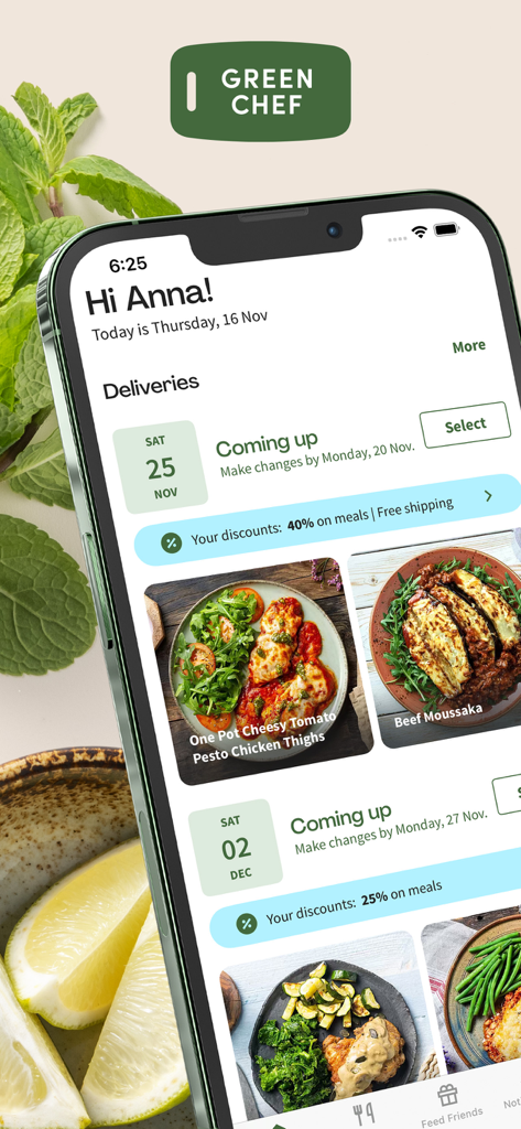 Green Chef app interface showing upcoming healthy meal deliveries and recipe photos on a smartphone