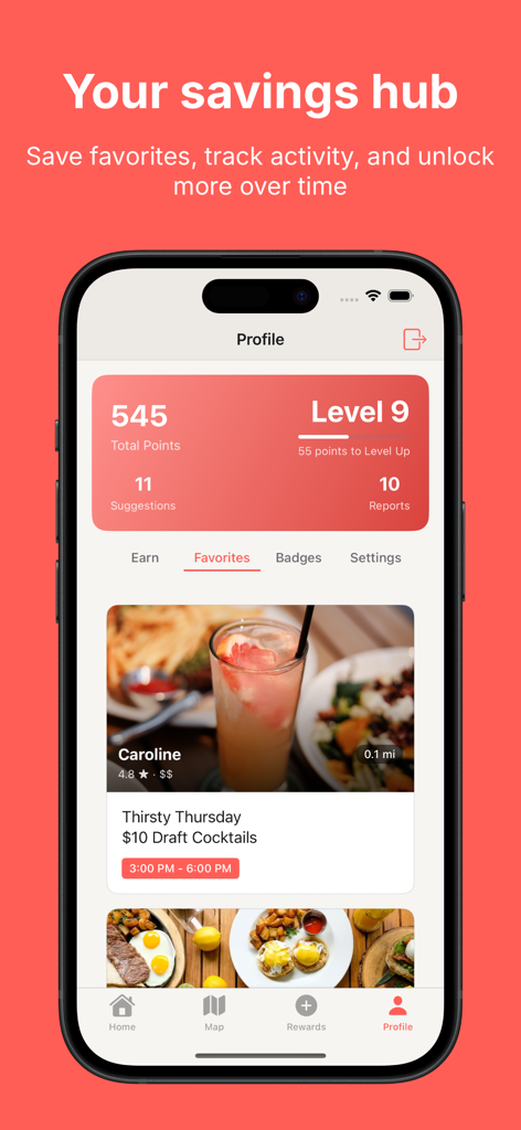 happyhopper: find happy hours - HappyHopper 프로필 화면에 사용자 포인트 등급 및 즐겨찾는 딜 정보가 표시됩니다.