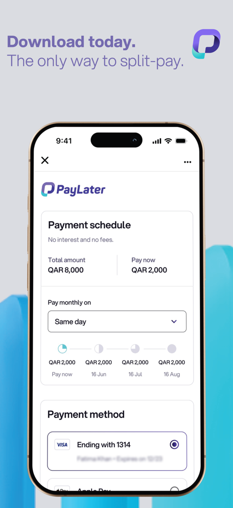4回の均等分割払いのPayLaterアプリの支払いスケジュールを表示するiPhone画面