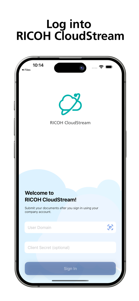 RICOH CloudStream - Login screen for the RICOH CloudStream mobile app on a smartphone