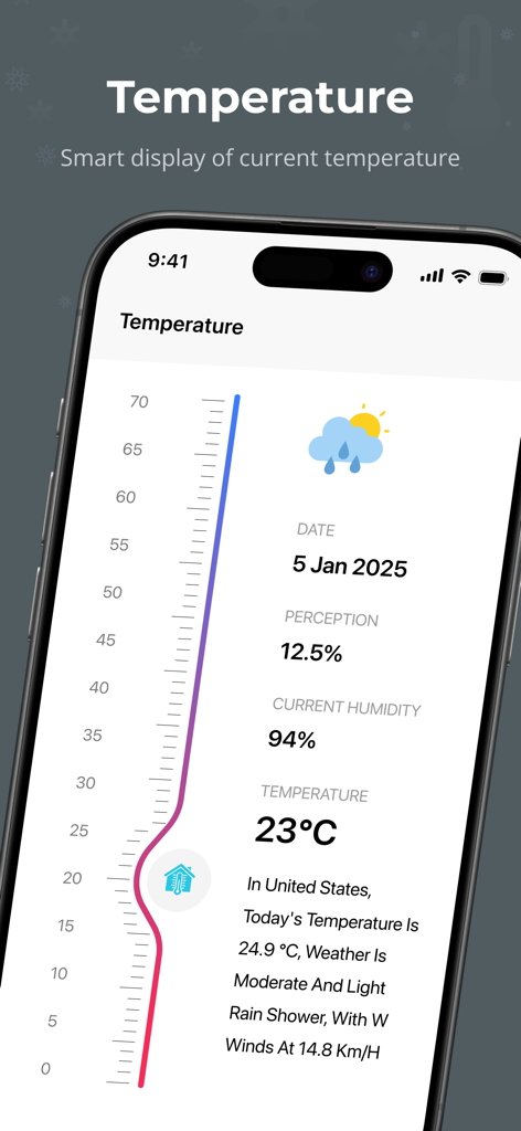 室温23度、湿度94パーセントを表示するモバイルアプリのインターフェース。