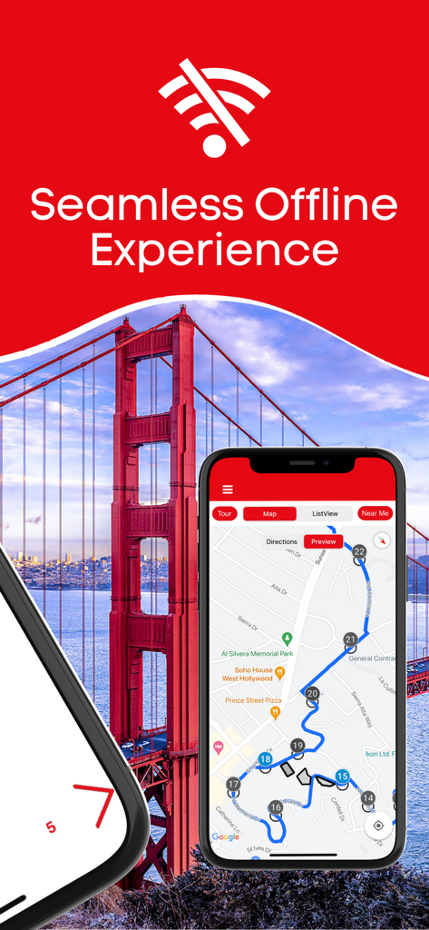 California GPS Audio Tours - Smartphone displaying a driving tour map route with the Golden Gate Bridge in the background highlighting seamless offline use