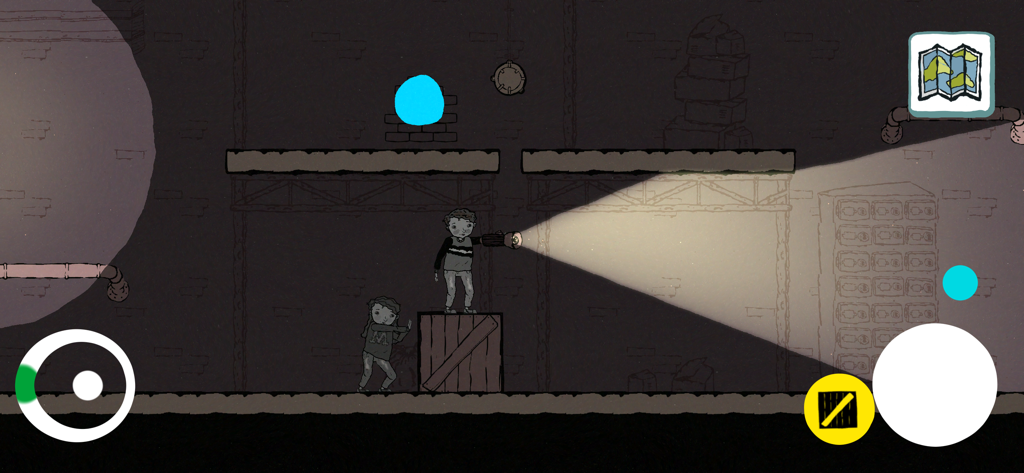 The JerryMaya Detective Agency - Two young detectives using a flashlight to explore a dark room in a puzzle platformer game