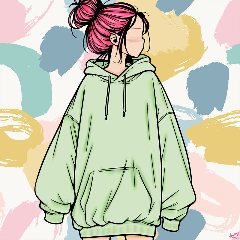 realistic girl with a oversized sweatshirt on and a bun