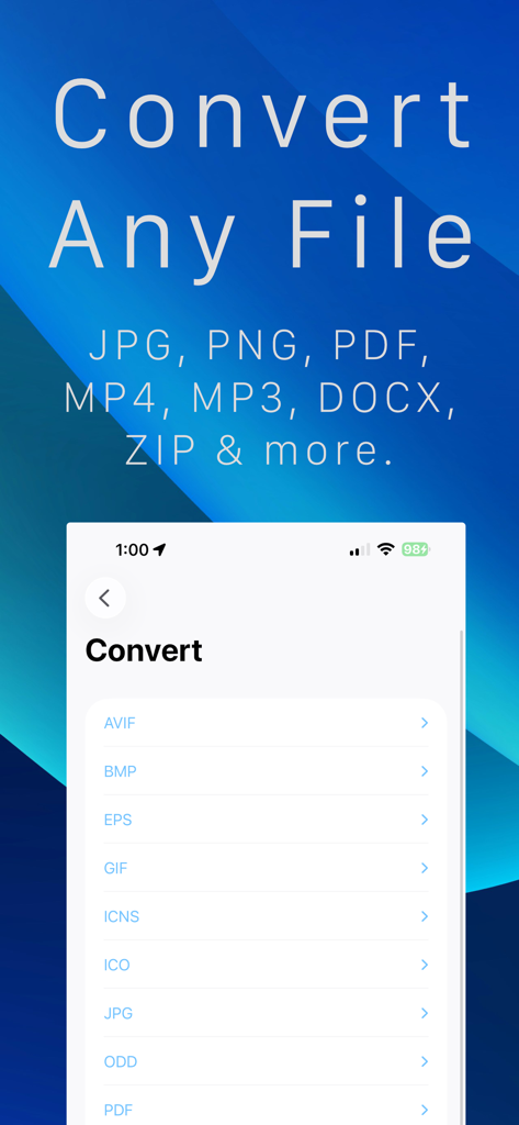 Converter – PDF, Image & Video - Interface d'application mobile montrant les options de conversion de fichiers dans des formats tels que JPG, PNG et PDF