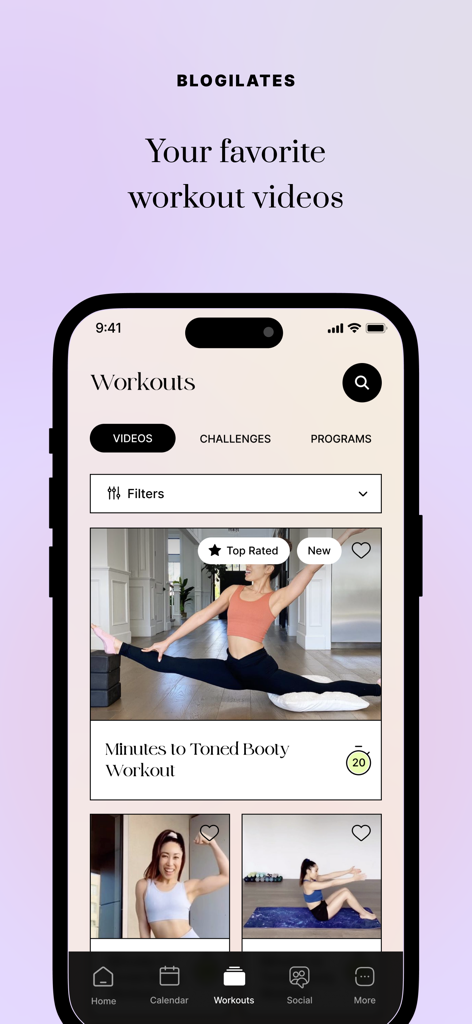 Body by Blogilates - Workouts screen of the Body by Blogilates app showing pilates video categories and thumbnails
