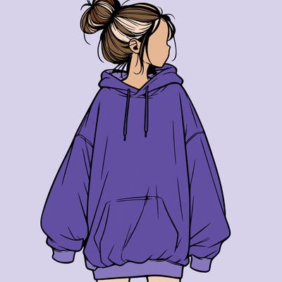 realistic girl with a oversized sweatshirt on and a bun