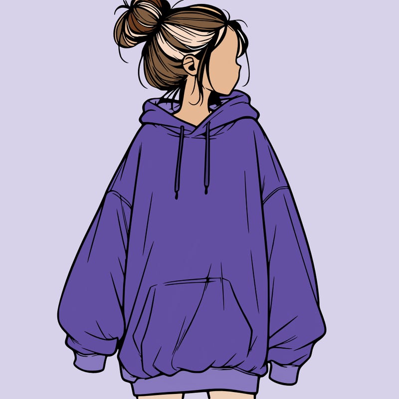 realistic girl with a oversized sweatshirt on and a bun