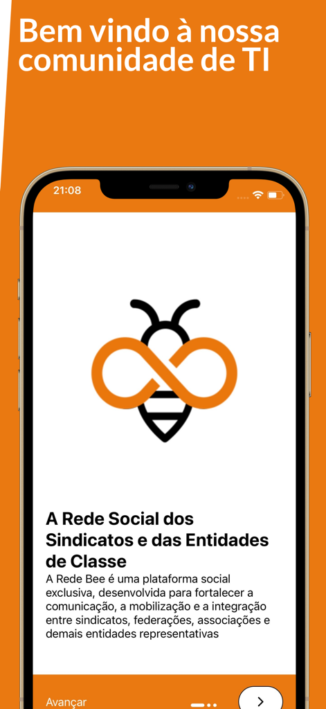 Bee Fenati - Tela de boas-vindas do aplicativo Bee Fenati com o logotipo da abelha e texto descrevendo-o como uma rede social para sindicatos e associações profissionais
