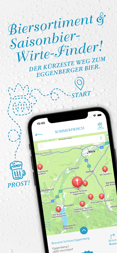 Interface do aplicativo móvel mostrando um mapa de locais para encontrar cerveja Eggenberger.