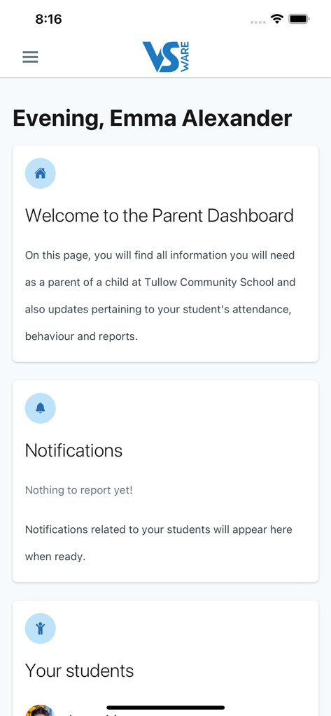 VSware app parent dashboard displaying student notifications and school information