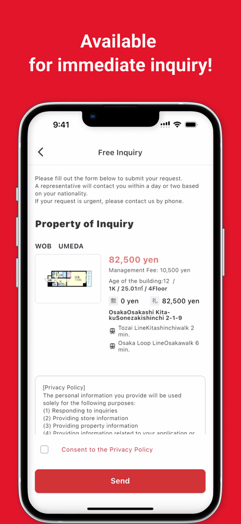 Best Estate app property inquiry screen showing rental details for an apartment in Osaka Japan