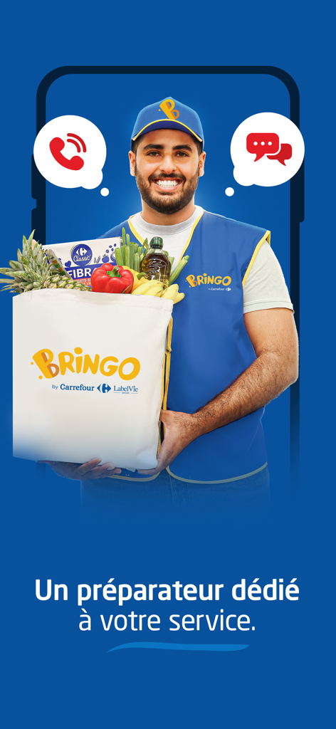 Bringo by Carrefour Maroc - Personal shopper holding a grocery bag with communication icons for Bringo Carrefour