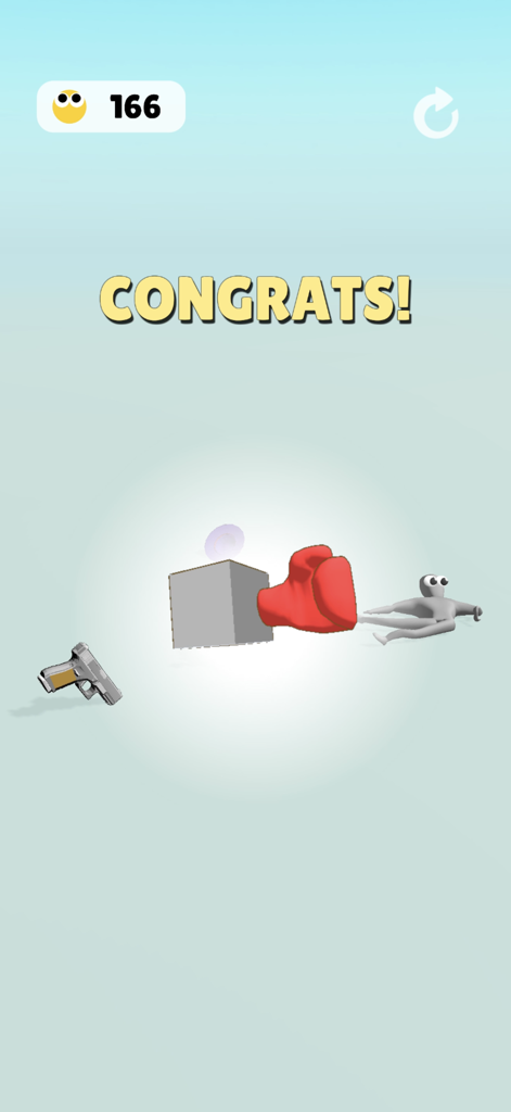 Flip Beat: Ragdoll Shooter - Flip Beat Ragdoll Shooter gameplay screen showing a red boxing glove hitting a ragdoll character with a congrats message