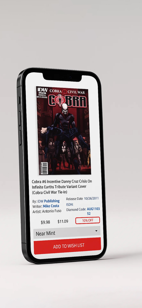 Midtown Comics - Midtown Comics mobile app showing a product page for a Cobra comic book variant cover with pricing and condition details