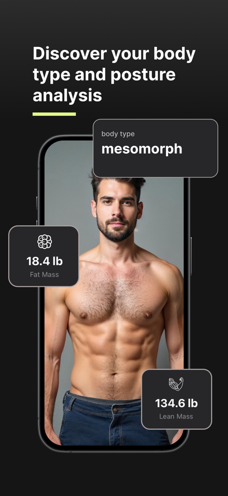 trackBod - AI Body Scan - trackBod app interface showing AI body scan results including mesomorph body type and muscle mass metrics.
