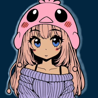anime girl with chick shaped hat with sweater with bare shoulders with bangs covering them one eye with low tail