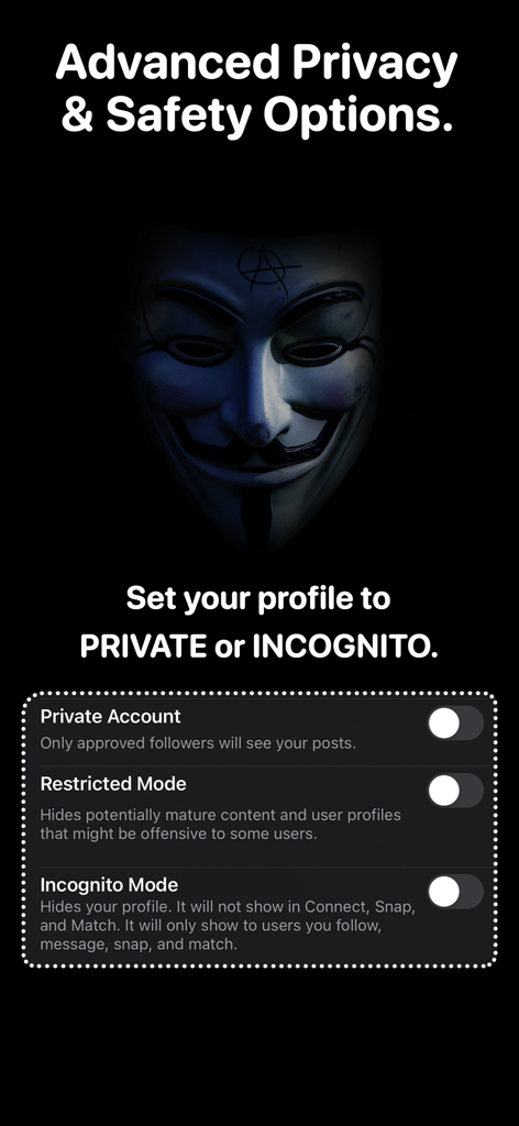 Dizkover: Find Friends Near Me - Dizkover app privacy and safety settings screen showing options for Private Account, Restricted Mode, and Incognito Mode.