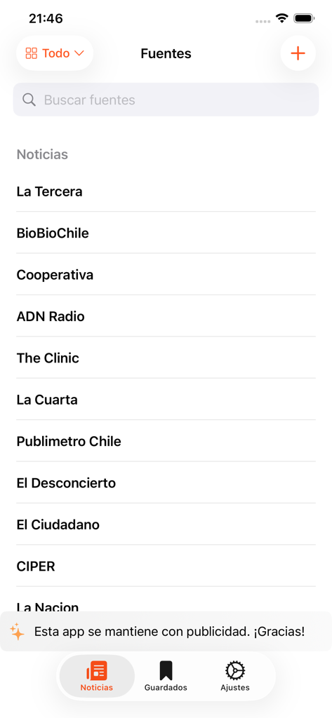 Noticias de Chile: Diarios - Interface showing a list of Chilean news sources like La Tercera and BioBioChile