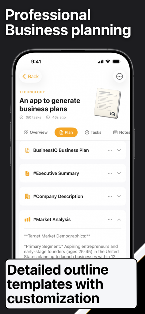 Uma interface móvel do Gerador de Plano de Negócios IQ AI mostrando um esboço detalhado do plano com seções para Sumário Executivo, Descrição da Empresa e Análise de Mercado
