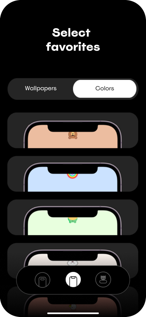 Interface of the app showing various solid color wallpapers with cute icons like a bear and a frog designed for the iPhone Dynamic Island