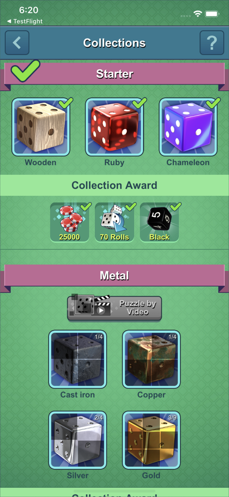 Dice-n-Roll online Yatzy - The collections screen in Dice-n-Roll online Yatzy showing different unlockable dice sets like wooden ruby and metal