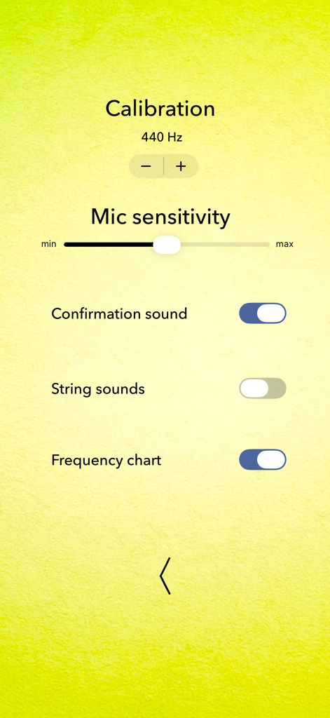 Tela de calibração e configurações de sensibilidade do microfone do aplicativo Afinador de Ukulele