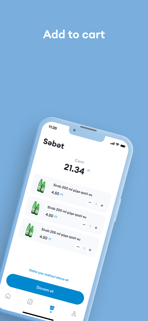 Sirab Su mobile app shopping cart screen displaying bottled sparkling water and the total price for delivery.